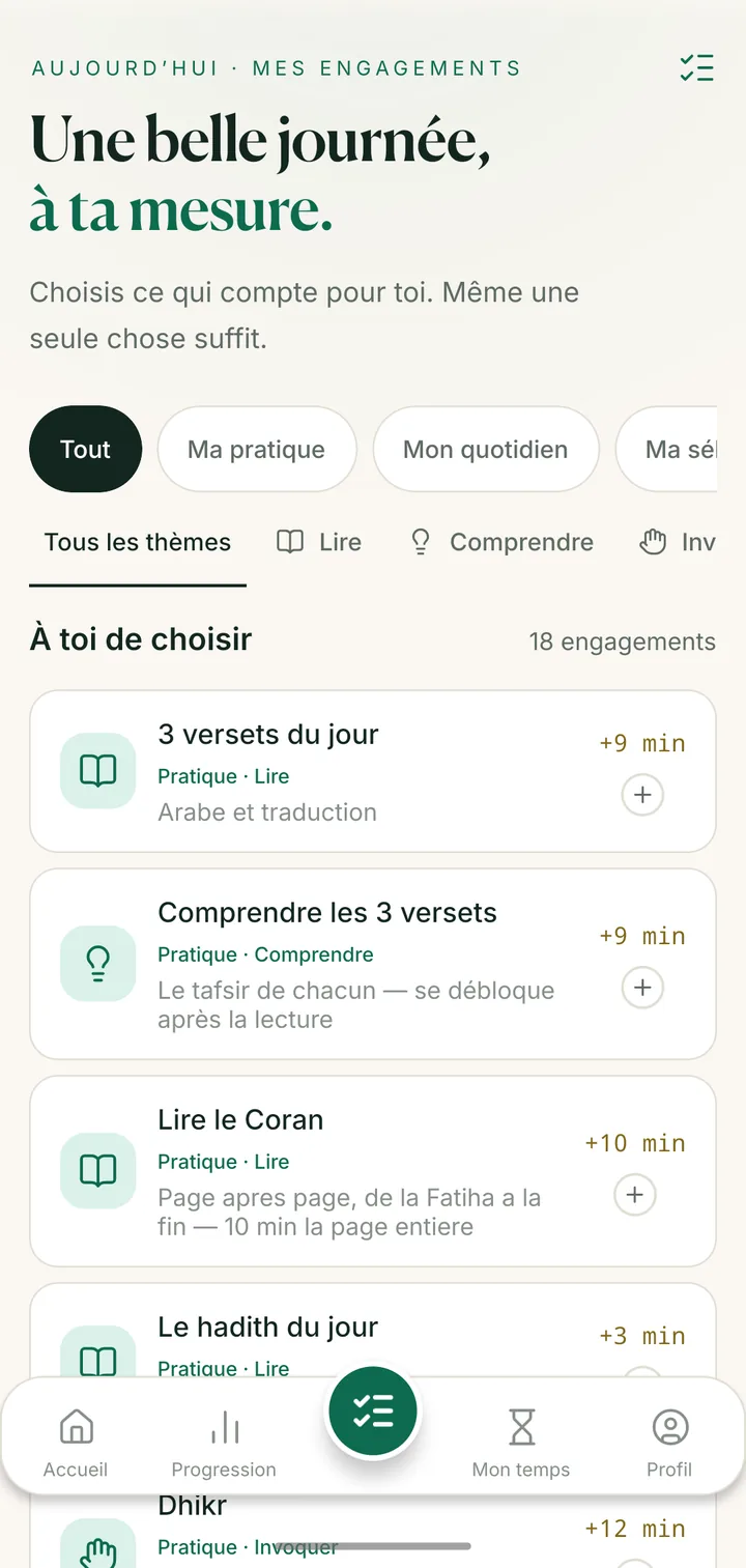 La vraie application Ahdi : choisis tes engagements, comme les 3 versets du jour ou la lecture du Coran.